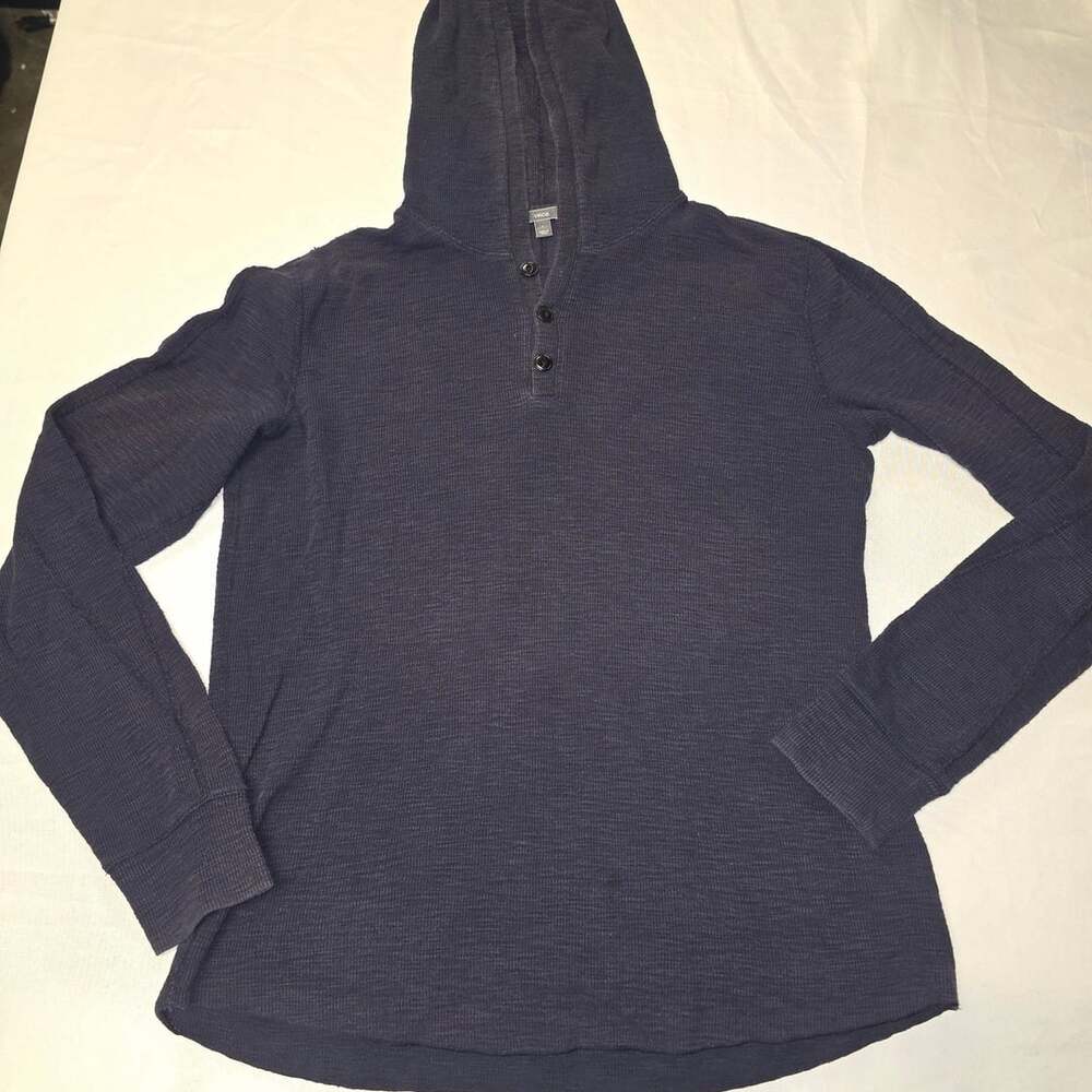 Vince Thermal Henley Hoodie Size L Blue Cotton Waffle Knit Pullover